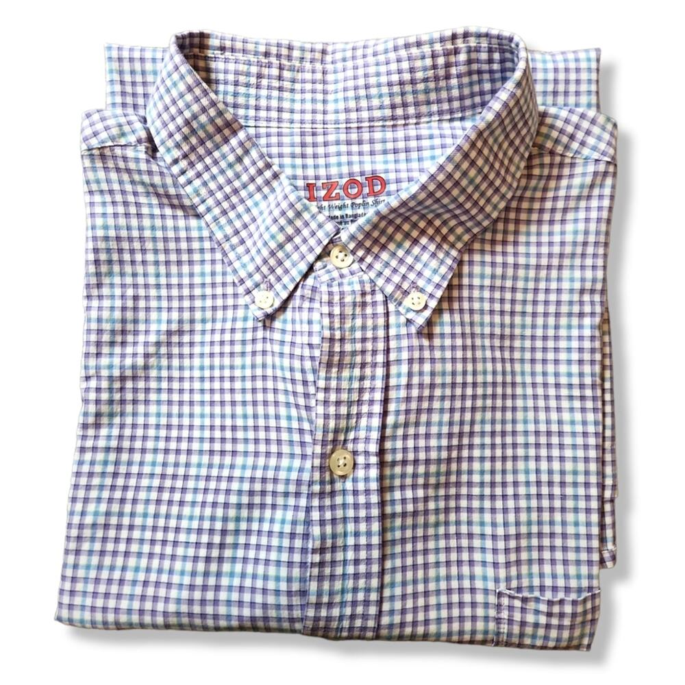 IZOD Purple and Blue Plaid Light Weight Button Down Shirt Size XL
